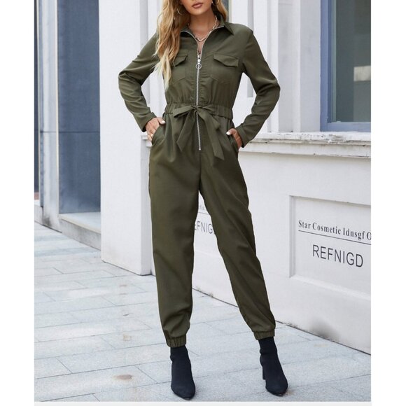 Army Green Zip Front Belted Jumpsuit - Picture 1 of 5